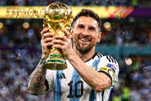 梅西手捧世界杯金球奖奖杯庆祝照片